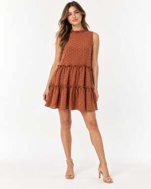 Storia Womens S Rust Swiss Dot Tiered Ruffle Open Back Tie Mini Dress Boho